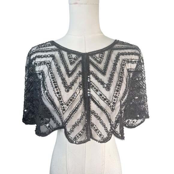 Vintage Black Sequin Sheer Capelet Shrug Bolero - Picture 13 of 14